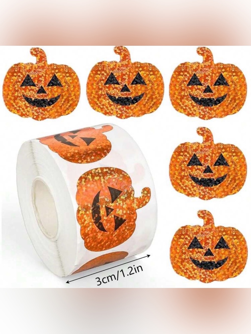 Holographic Glitter Orange Halloween Pumpkin Sticker Roll - 500 PCS
